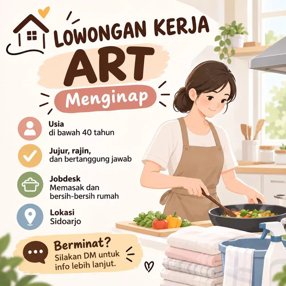 Lowongan ART lok Sidoarjo Menginap jobdesk masak dan bersih2
