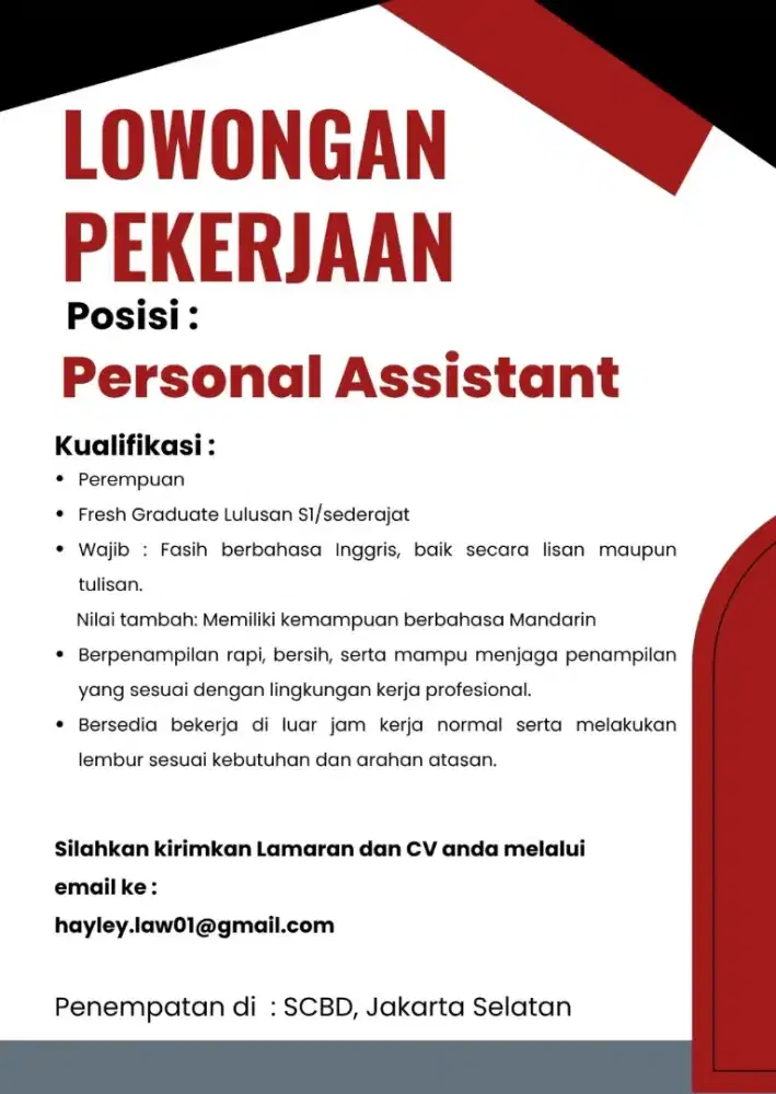 LOWONGAN KERJA FRESH GRADUATE PERSONAL ASSISTANT