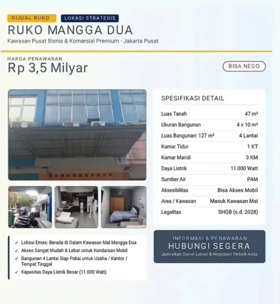 Dijual Cepat Ruko Premium 4 lantai di Mangga Dua, Sawah Besar