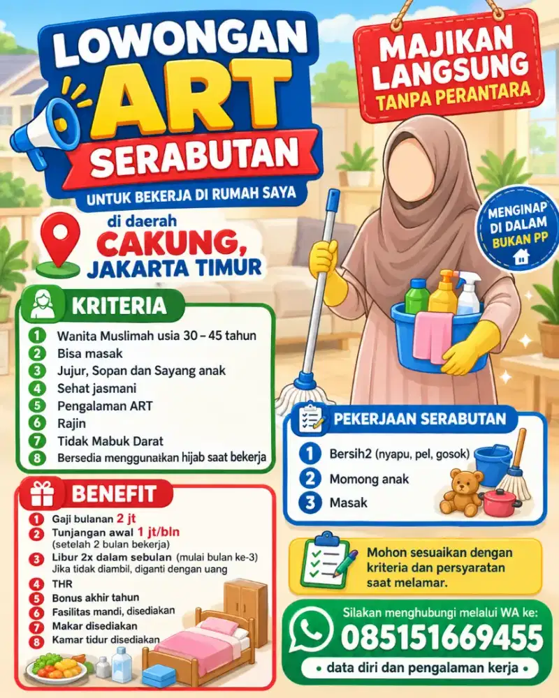 Lowongan kerja ART serabutan di perumahan daerah cakung, jakarta timur