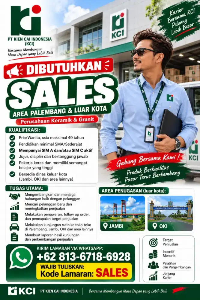 Dibutuhkan Segera Sales Area Jambi & OKi