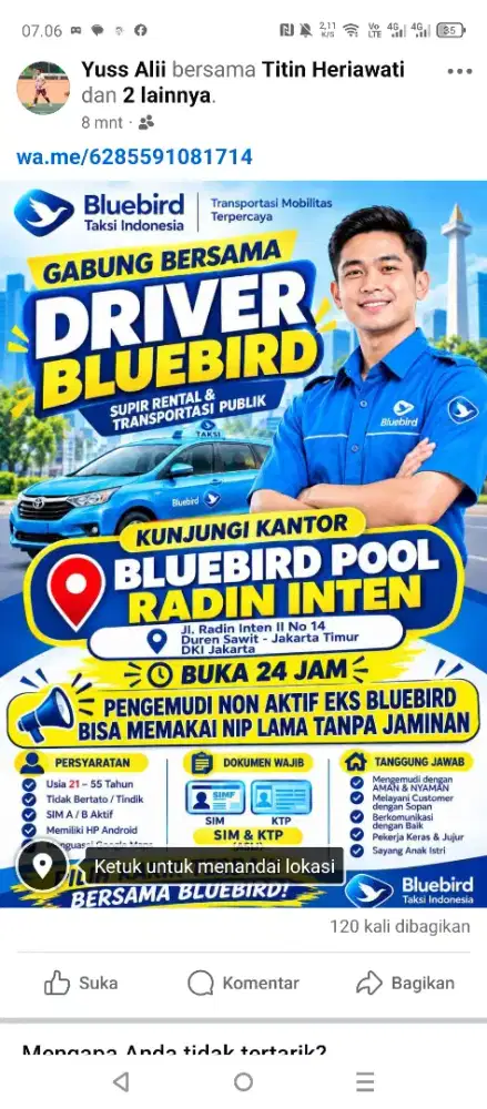 Lowongan pekerjaan terbaru pengemudi taksi Bluebird online Radin inten