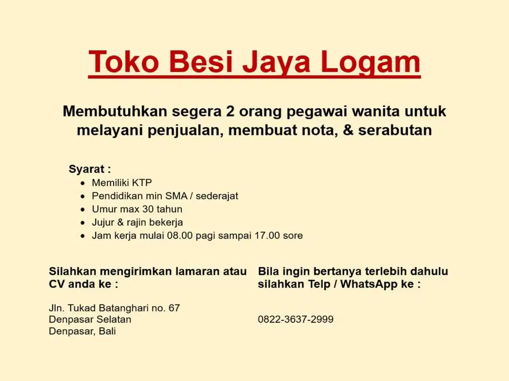Lowongan Pegawai Wanita di Toko Besi Jaya Logam Batanghari
