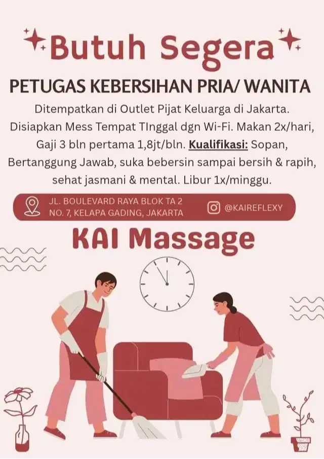 LOKER ART (Asisten Rumah Tangga) / Cleaning Service BUTUH SEGERA