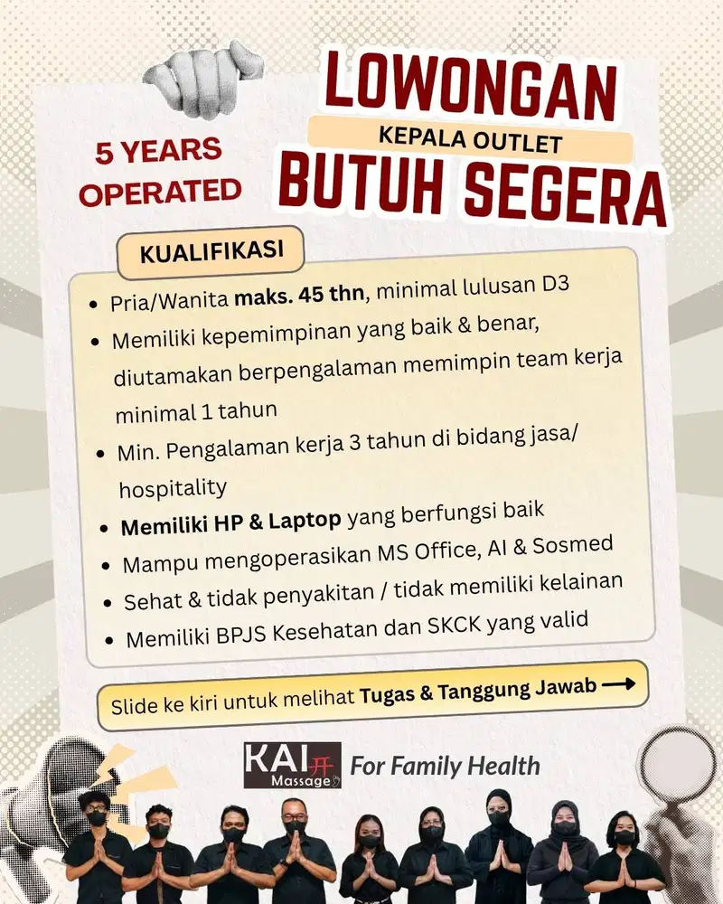 LOWONGAN KERJA Kepala Outlet untuk Tempat Pijat & Refleksi Keluarga