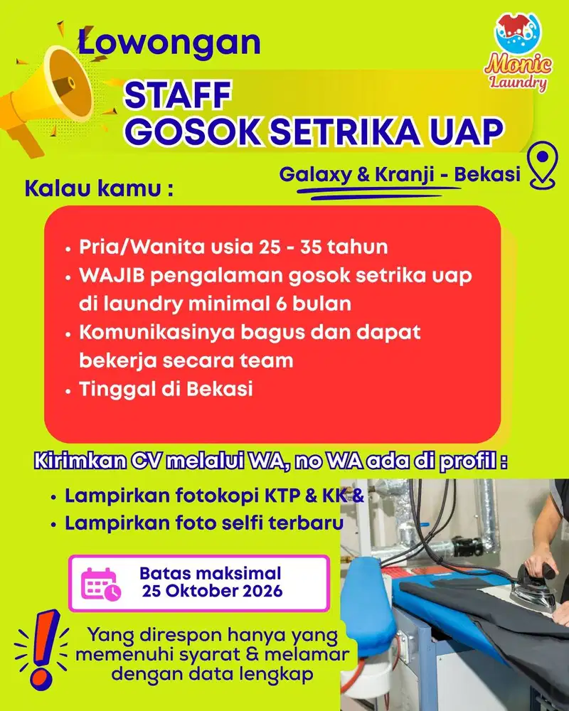 Dicari : Karyawan Bagian Setrika Uap - Laundry Galaxy & Kranji Bekasi