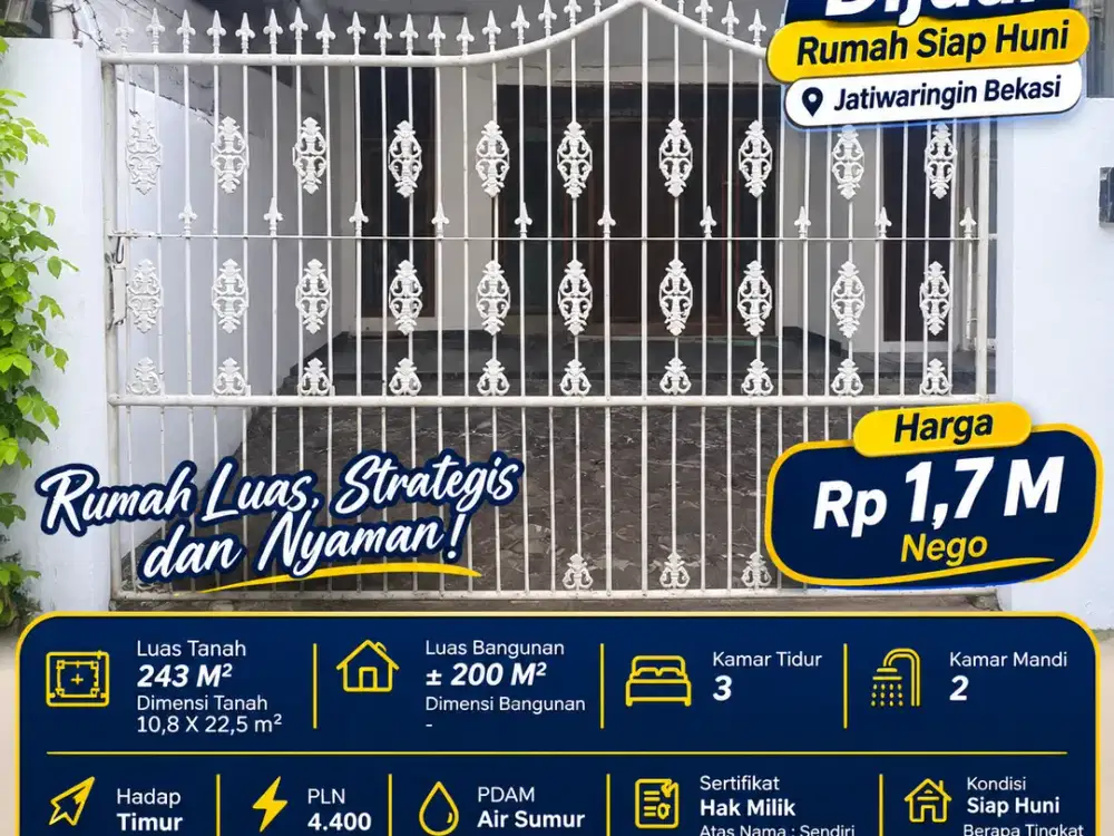 Dijual Rumah 1 Lantai di Jatiwaringin Pondok Gede LT 243 m² SHM Harga 1,7 Miliar Nego