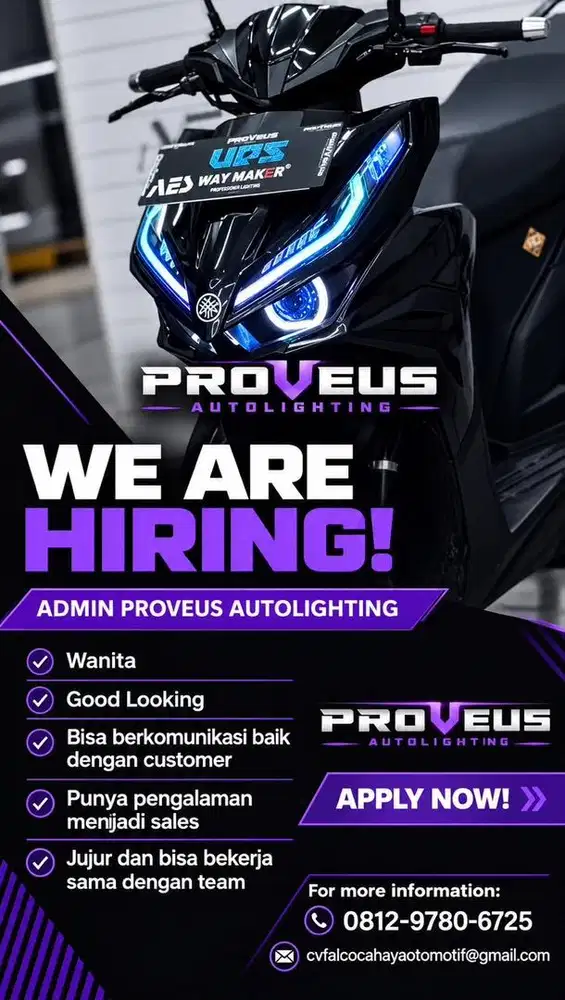 Dicari admin wanita workshop otomotif aksesoris motor