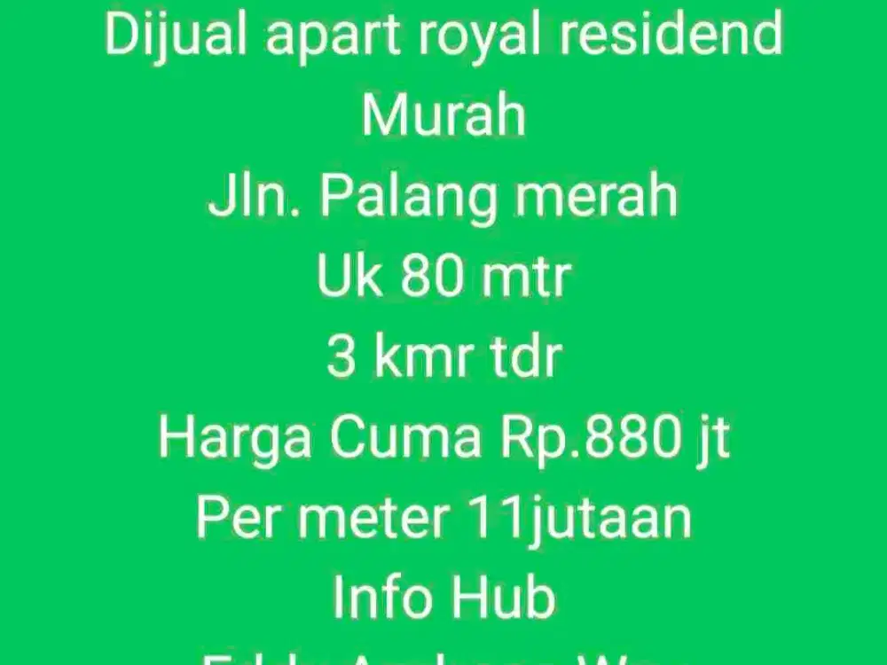 Dijual Apartemen Royal Residence Jl. Palang Merah Medan Murah