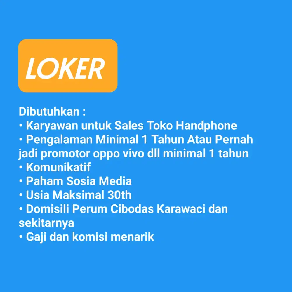 Dibutuhkan karyawan penjaga toko handphone pengalaman