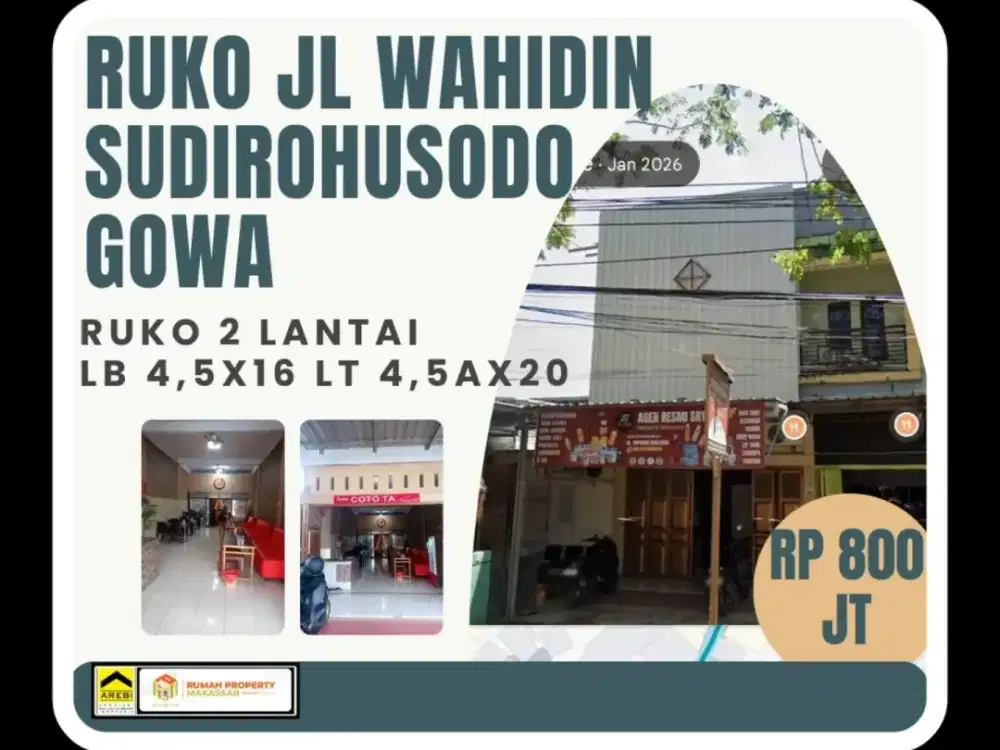 Ruko Jln. DR.wahidin Sudirohusodo Gowa  LB 4,5 x 16 LT 4,5 x 20 Akte Hibah   Untuk pengurusan surat2 bagi dua 4w