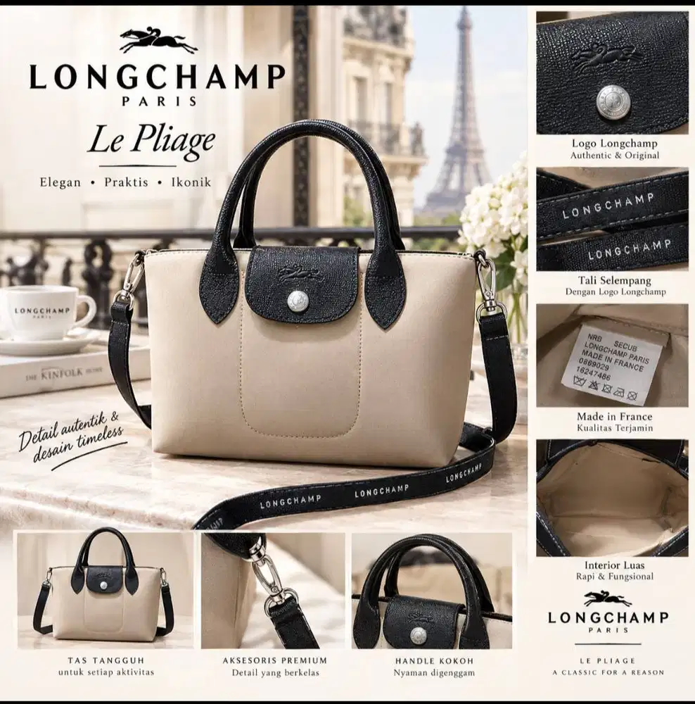 LONGCHAMP LE PLIAGE BEIGE BLACK – PRELOVED – STRAP PANJANG
