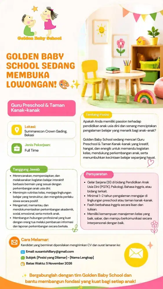 Mencari staf dan guru TK untuk anak-anak usia dini