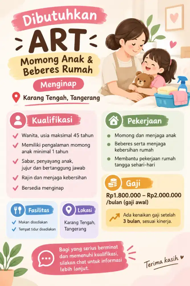 Dibutuhkan ART Momonga anak dan beberes