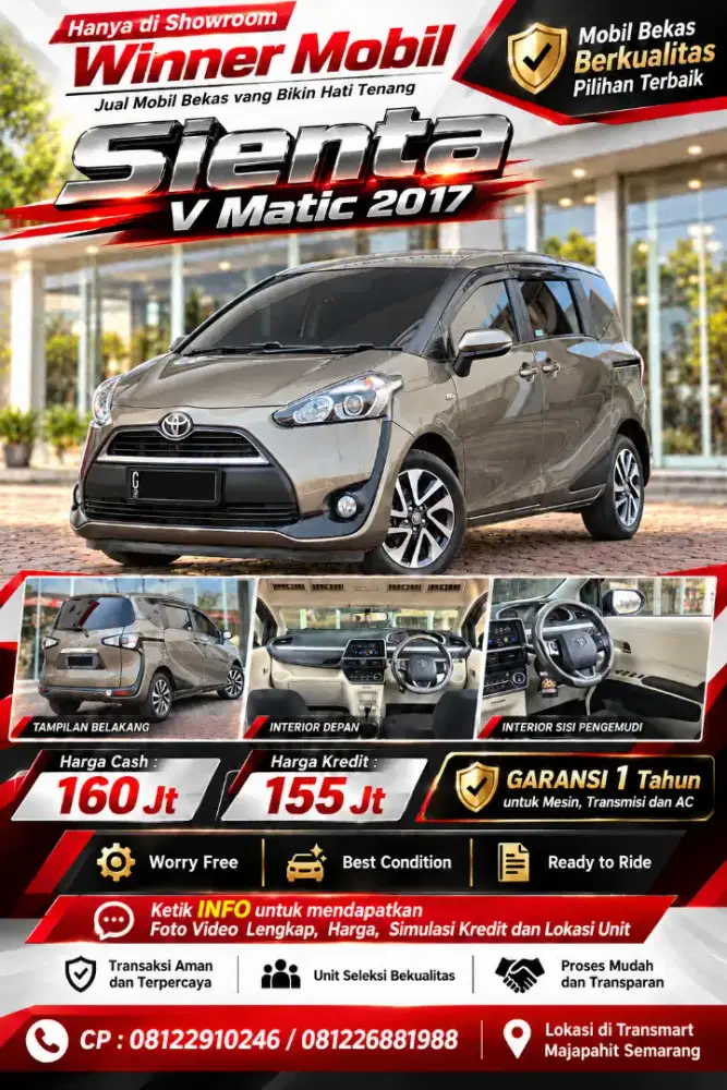 Garansi 1 Th, 2017/2016 Sienta V Matic, Low KM, Rawat Rutin, Istimewa