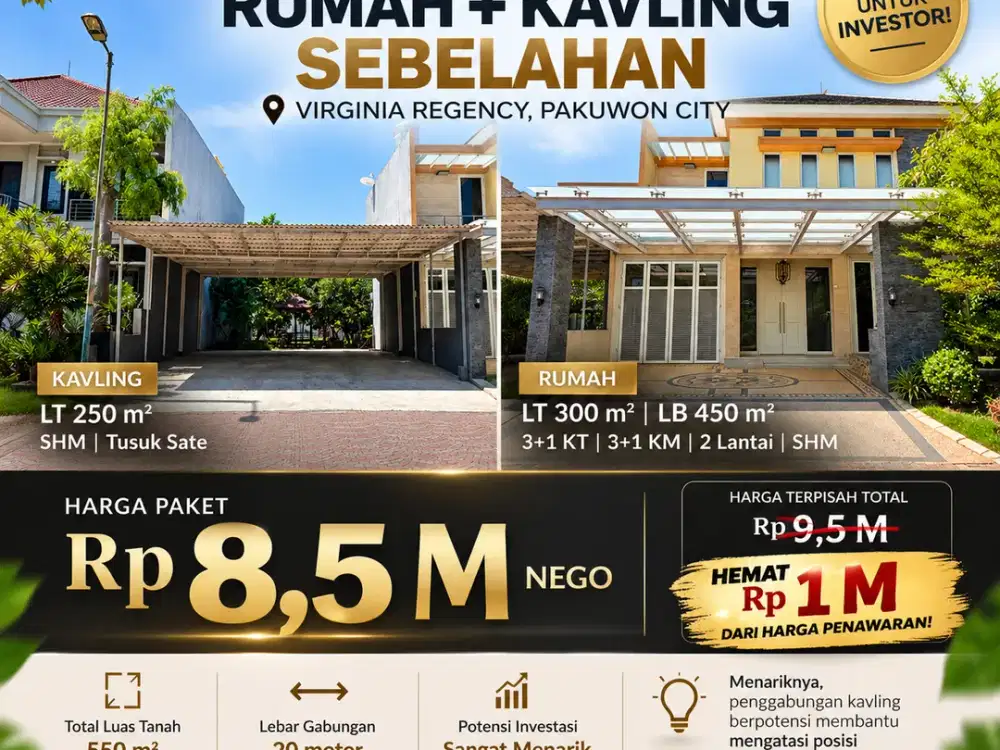 HOT DEAL RUMAH + KAVLING SEBELAHAN DI PAKUWON CITY CLUSTER VIRGINIA REGENCY