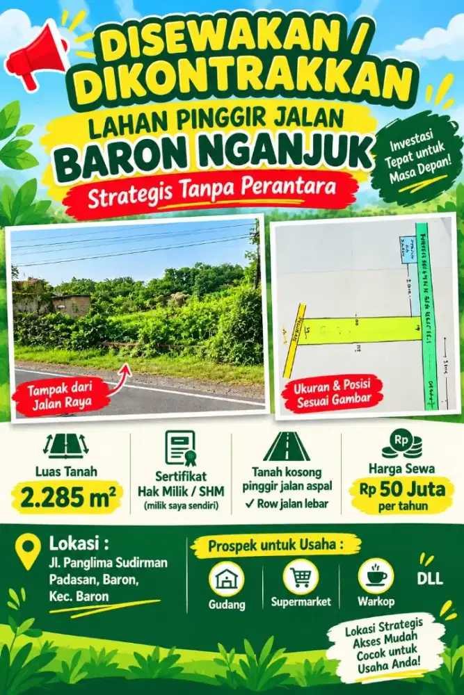 DiSewakan / Dikontrakkan Lahan Pinggir Jalan Baron Nganjuk
