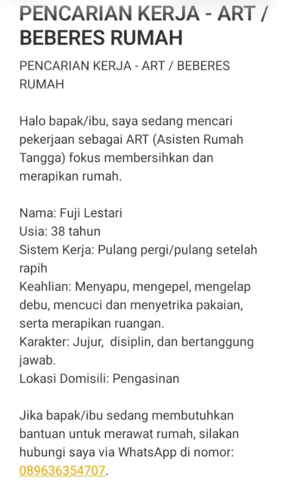 Mencari pekerjaan art/jaga anak