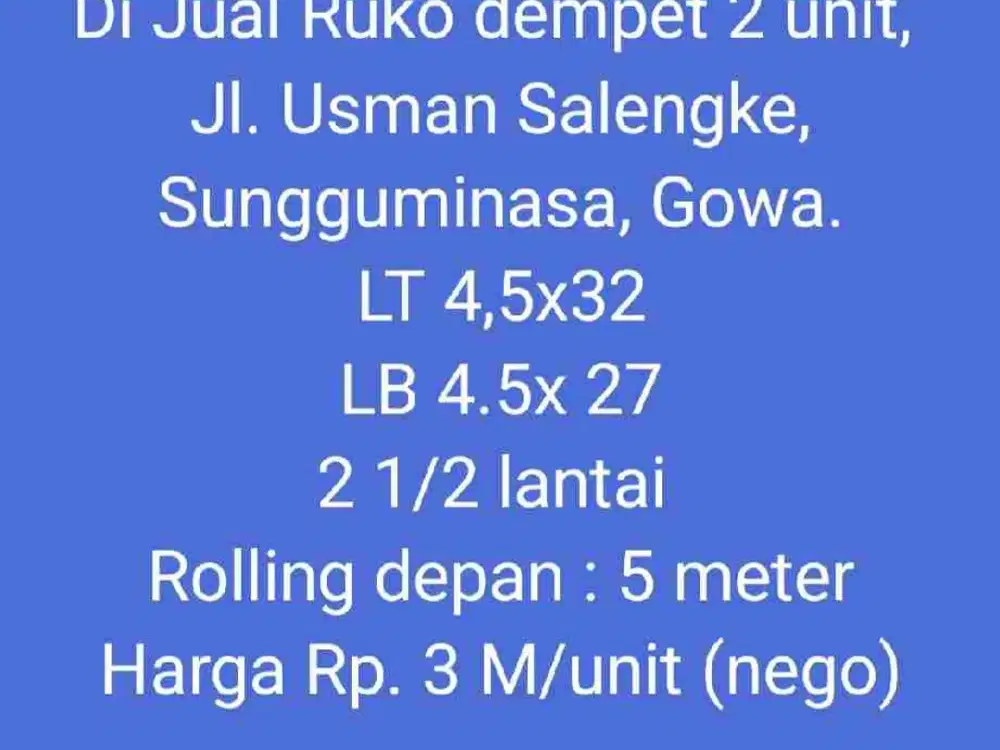 Di Jual Ruko Poros Jalan, jl. Usman Salengke, Sungguminasa, Gowa