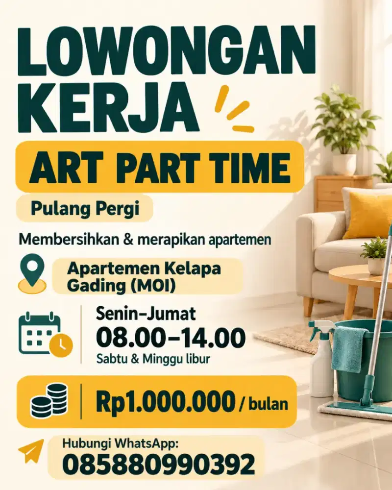 Lowongan ART setengah hari (pp) apartemen kelapa gading