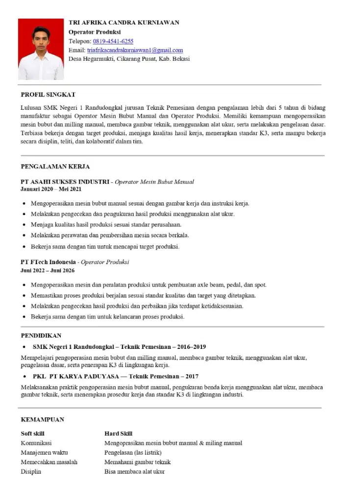 Operator Produksi / Machining - Pengalaman 5+ Tahun