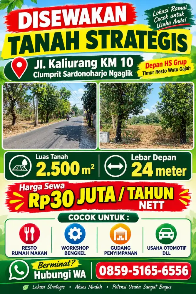 Disewakan tanah strategis jl Kaliurang km 10 timur resto watu gajah