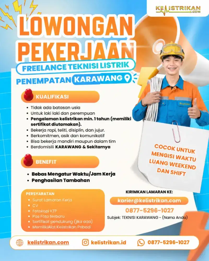 Lowongan kerja freelance teknisi listrik penempatan Karawang