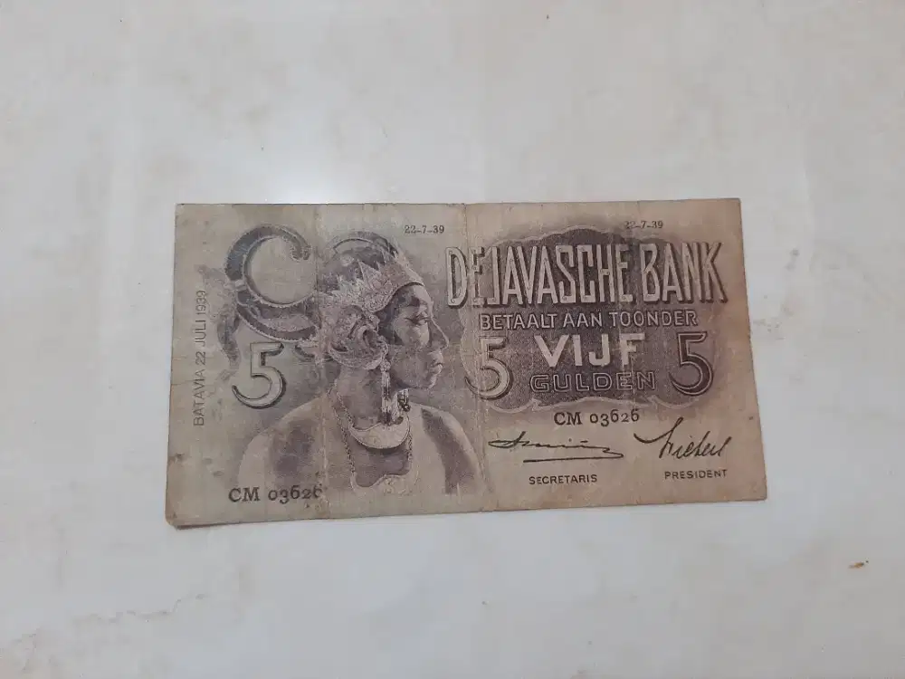 Uang kuno 5 gulden tahun 1939