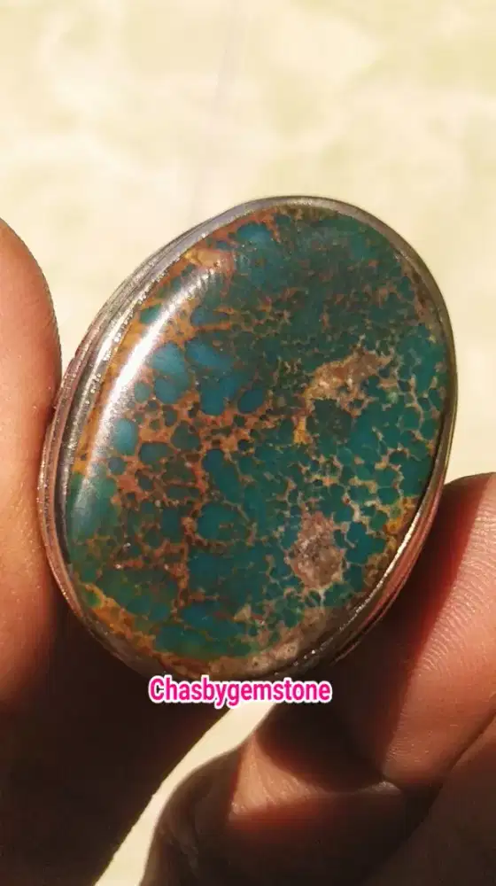 Cincin Pirus Persia biru tosca-Batu Pirus Persia urat emas serat jala