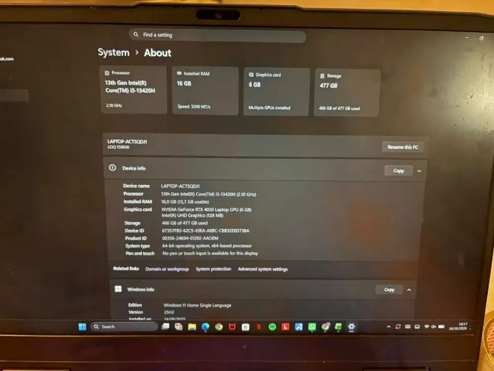 LAPTOP LOQ 15IRH8 I5 GEN 13 RTX 4050