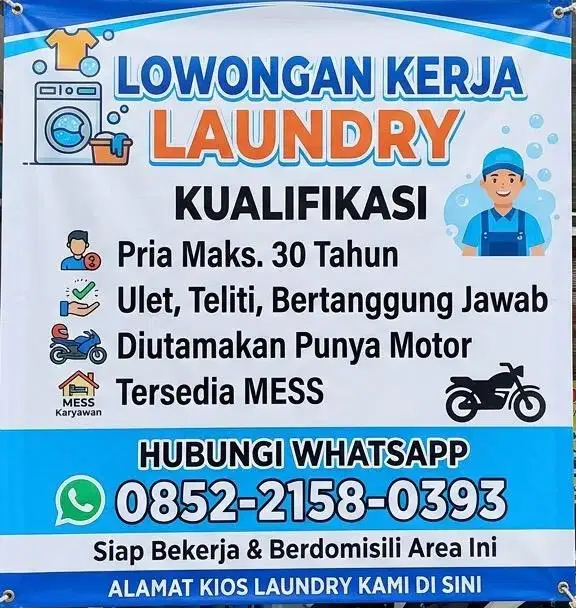 Dicari karyawan laundry bagian mesin washer dryer / admin