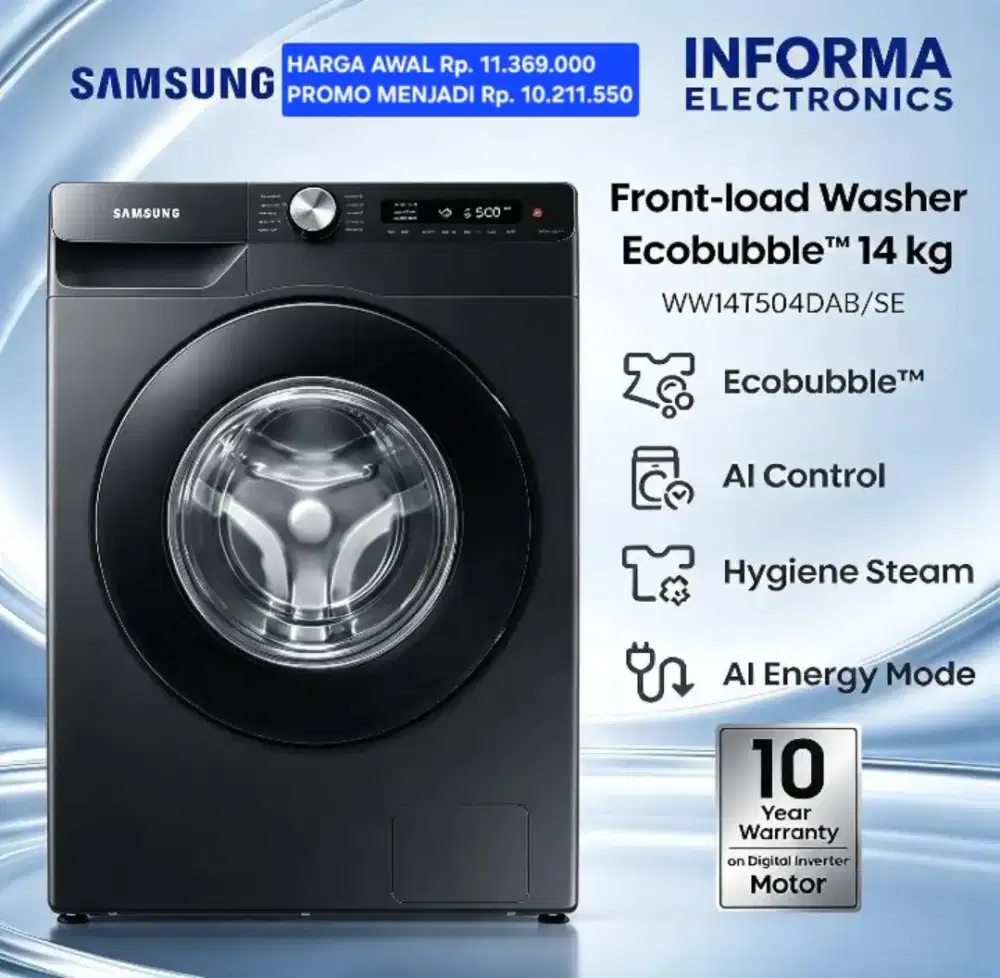 SAMSUNG 14KG front loading berkapasitas 14 kg Berwarna hitam