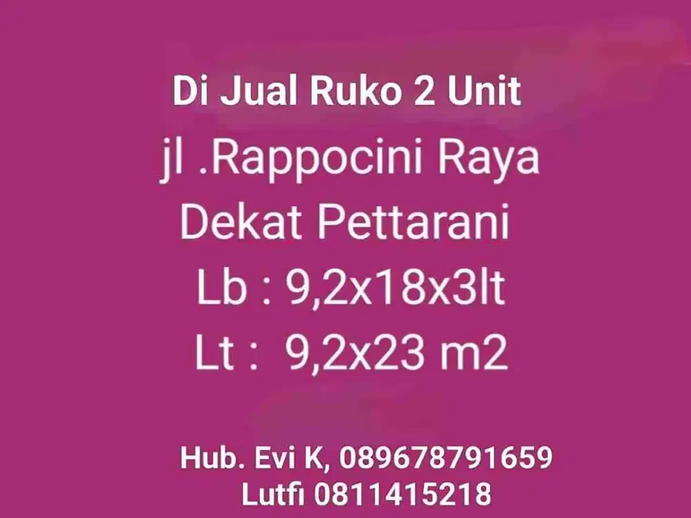 Dijual Ruko 2 unit di Jl. Rappocini Raya Makassar
