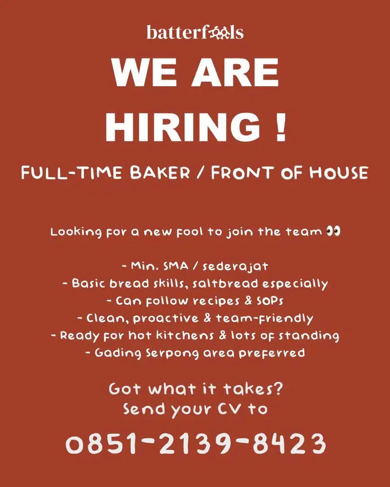 Dicari Baker dan Barista / Kasir
