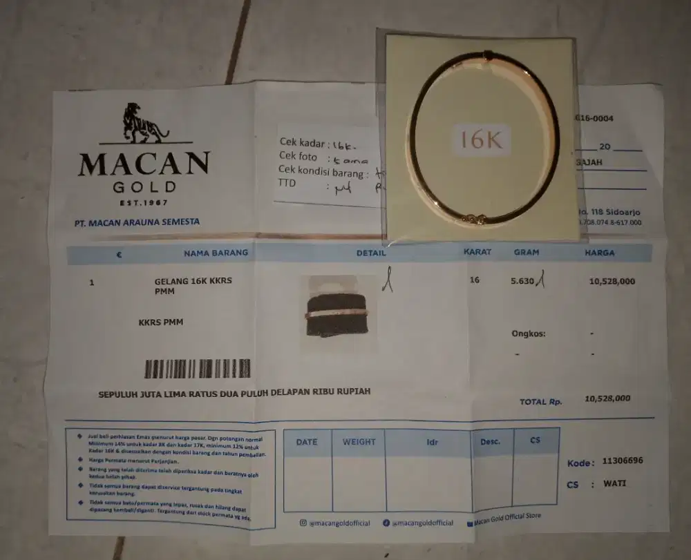 Gelang Emas 16K  5,630 Asli Ada Nota Pembelian Toko BU
