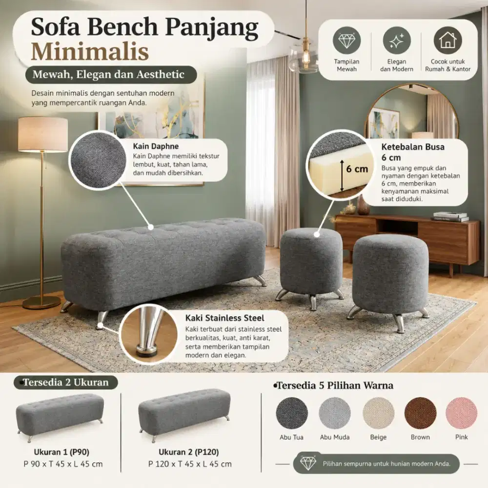 Sofa Bench Panjang Minimalis Set 2 Stool Bulat