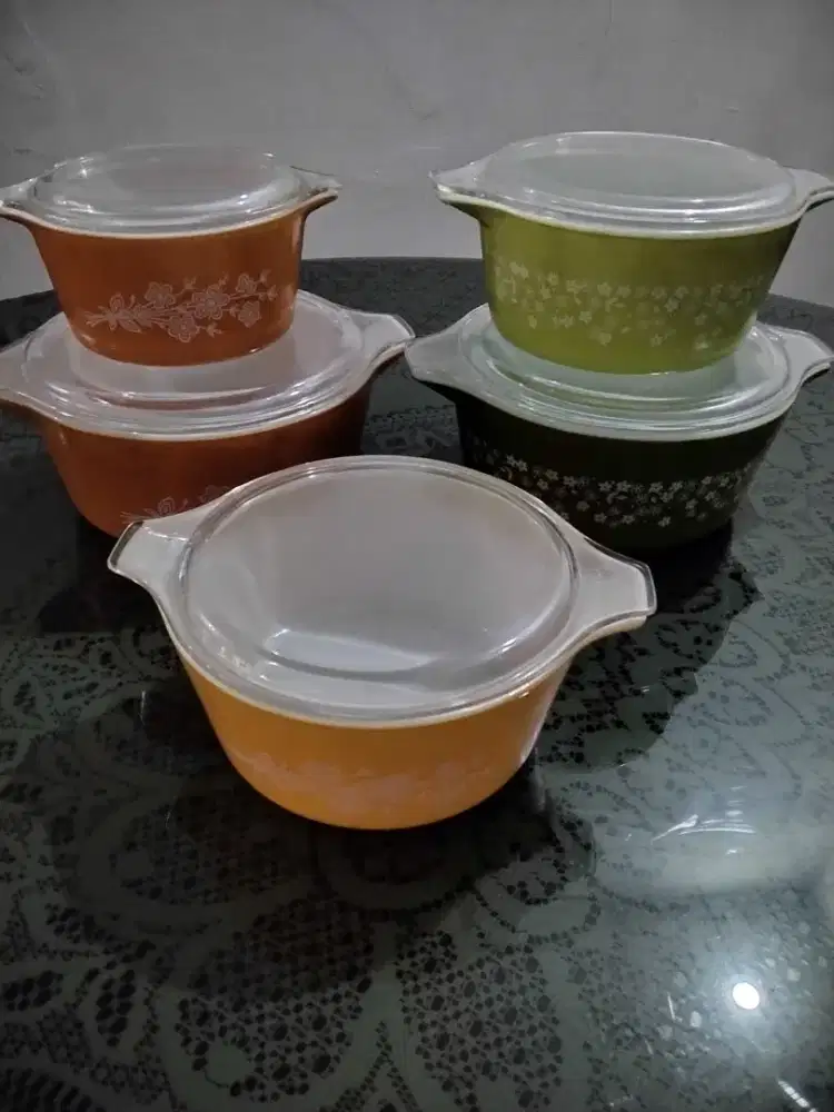 Mangkok Vintage pyrex spring blossom green d Cinderella butterfly gold