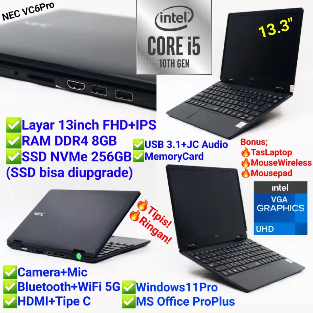 Intel i5 Gen10 RAM 8GB NVMe 256GB Layar 13.3in FHD Bezeless Laptop NEC