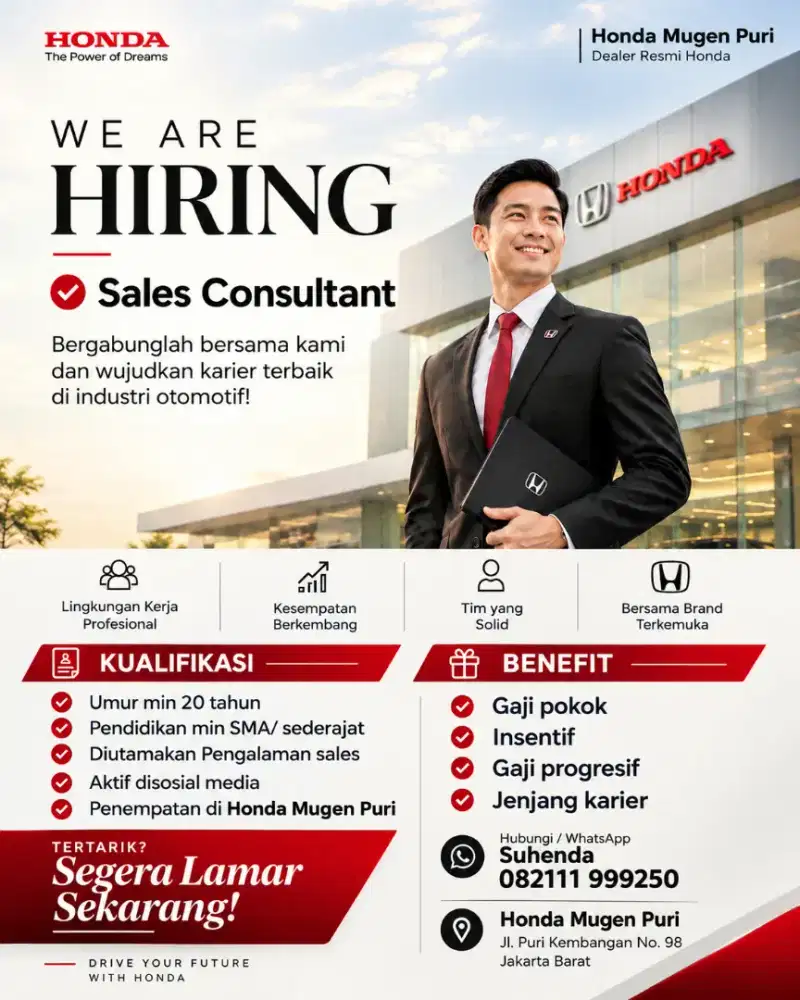 DIBUTUHKAN SEGERA - SALES CONSULTAN HONDA