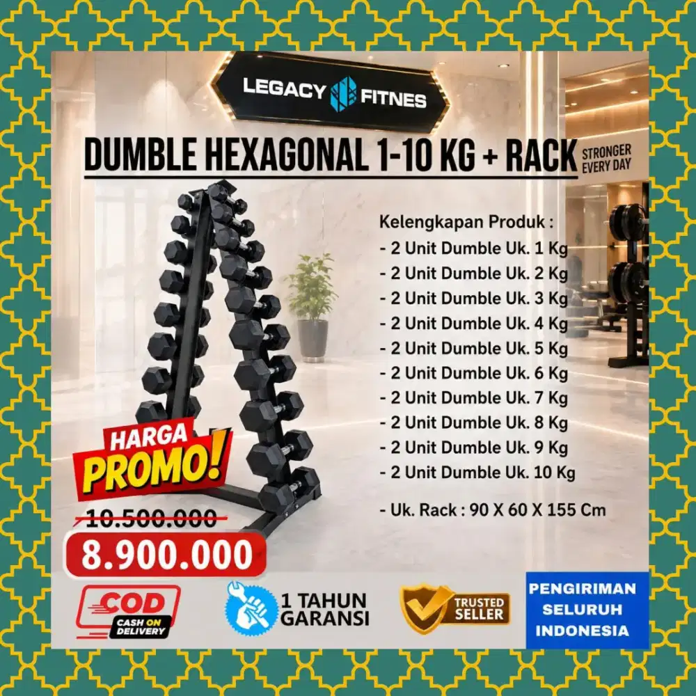 Dumble Hexagonal + Rack  1 - 10Kg alat kebugaran alat fitnes WGT-221
