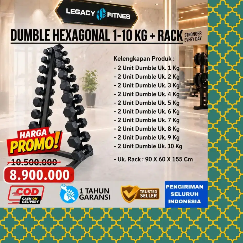 Dumble Hexagonal + Rack  1 - 10Kg alat kebugaran alat fitnes WGT-221