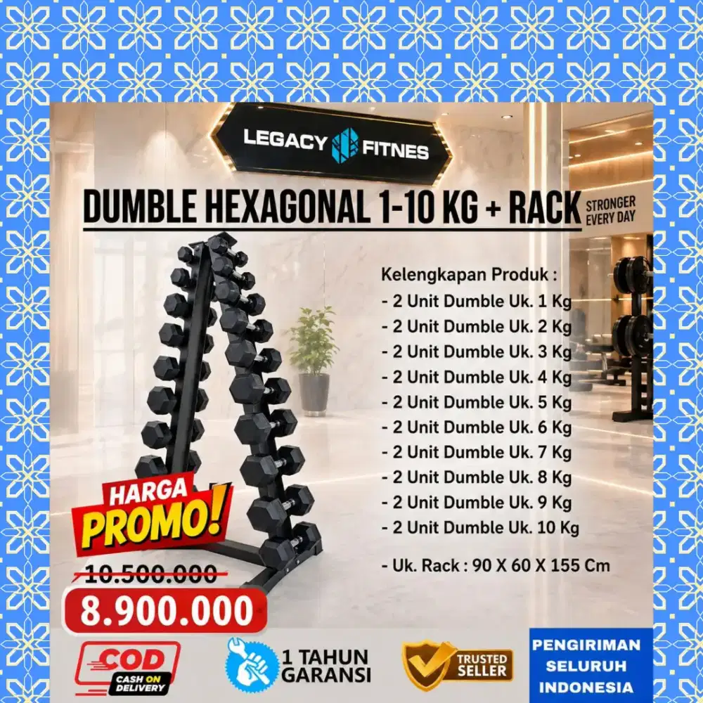 Dumble Hexagonal + Rack  1 - 10Kg alat kebugaran alat fitnes WGT-221
