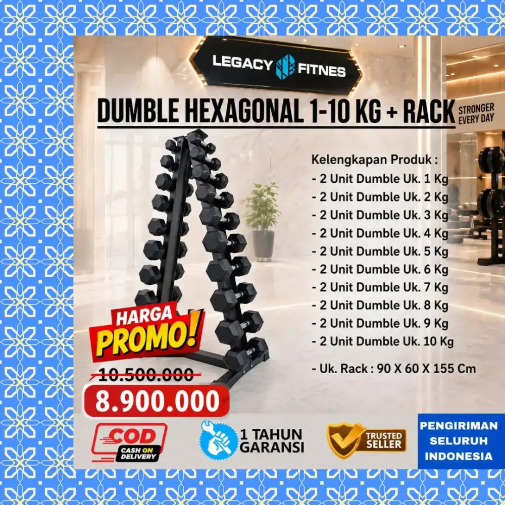 Dumble Hexagonal + Rack  1 - 10Kg alat kebugaran alat fitnes WGT-221