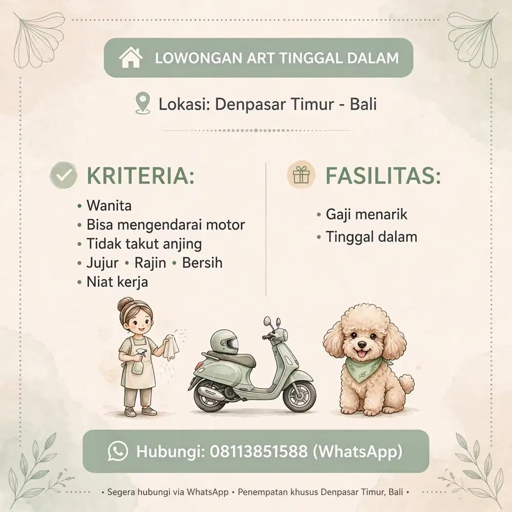 Dibutuhkan Art tinggal dalam
