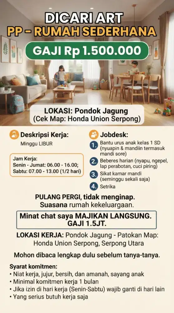 DICARI ART PP- LOKASI: Pondok Jagung (Cek Map: Honda Union Serpong)