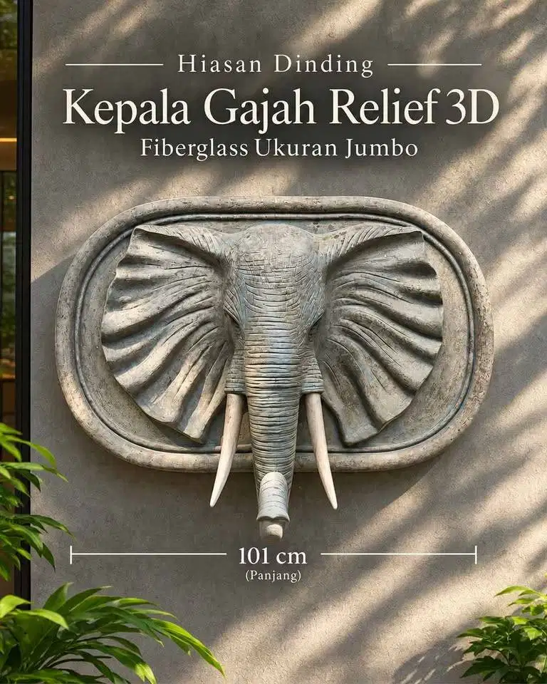 Hiasan Dinding Kepala Gajah Relief 3D Fiberglass Ukuran Jumbo Premium