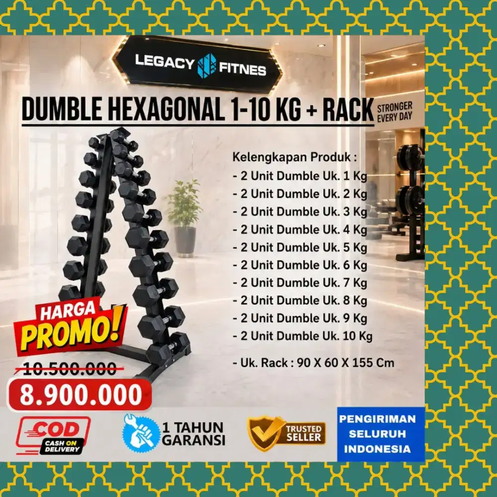 Dumble Hexagonal + Rack  1 - 10Kg alat kebugaran alat fitnes WGT-221