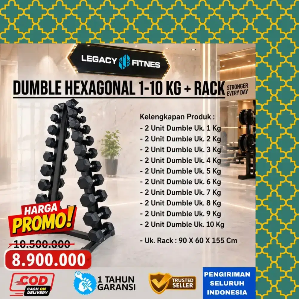 Dumble Hexagonal + Rack  1 - 10Kg alat kebugaran alat fitnes WGT-221