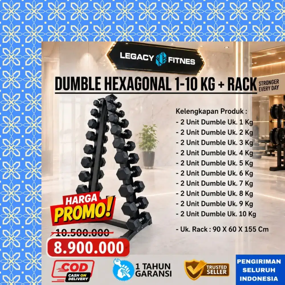 Dumble Hexagonal + Rack  1 - 10Kg alat kebugaran alat fitnes WGT-221