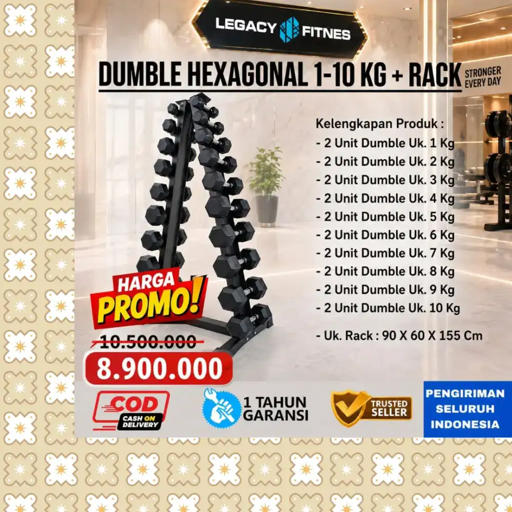 Dumble Hexagonal + Rack  1 - 10Kg alat kebugaran alat fitnes WGT-221